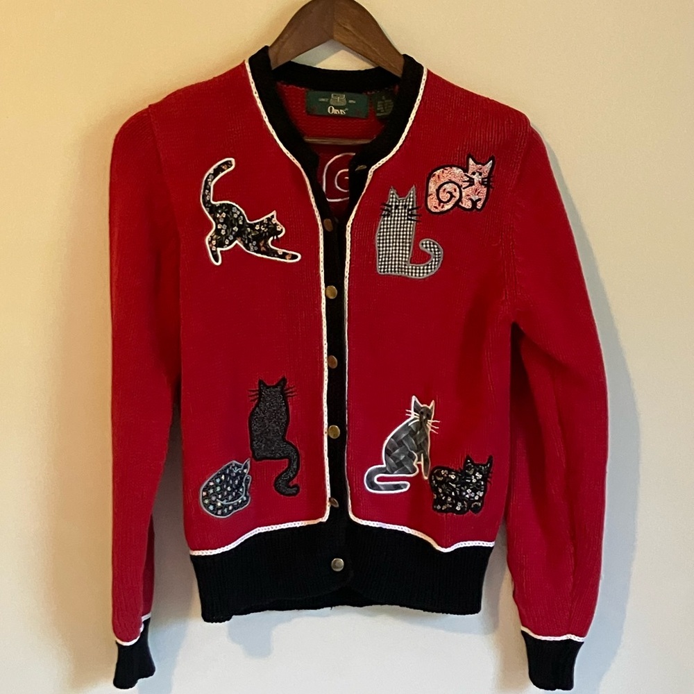 Orvis Red and Black Knit Sweater w/ Cats!